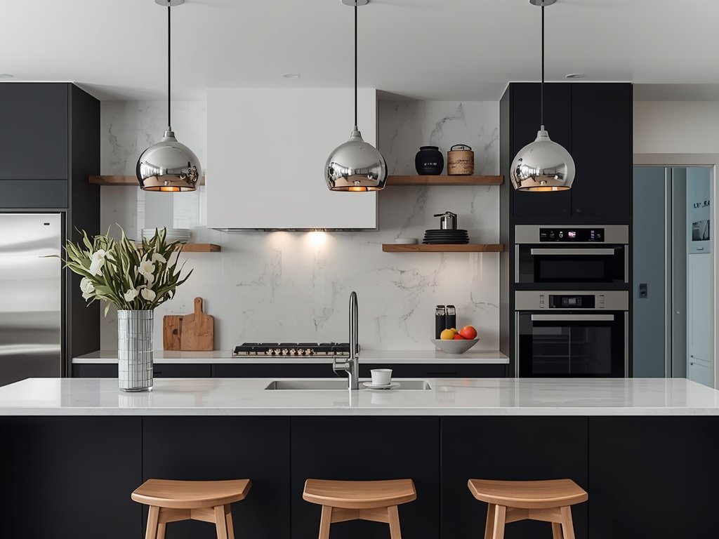 A modern kitchen with chrome pendant lights suspended