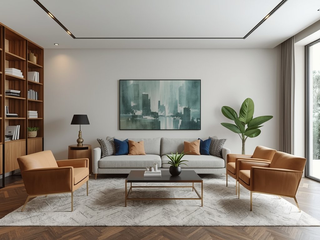 A modern living room with a sleek brass