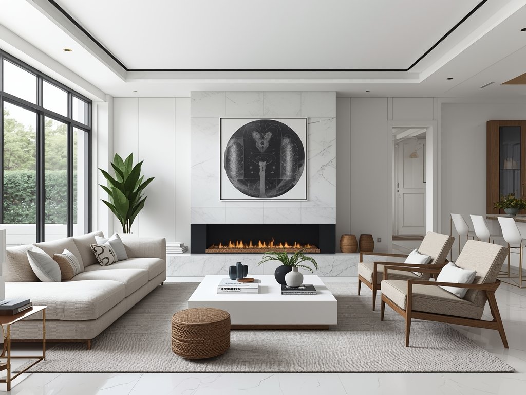 A modern living room with a white Carrara