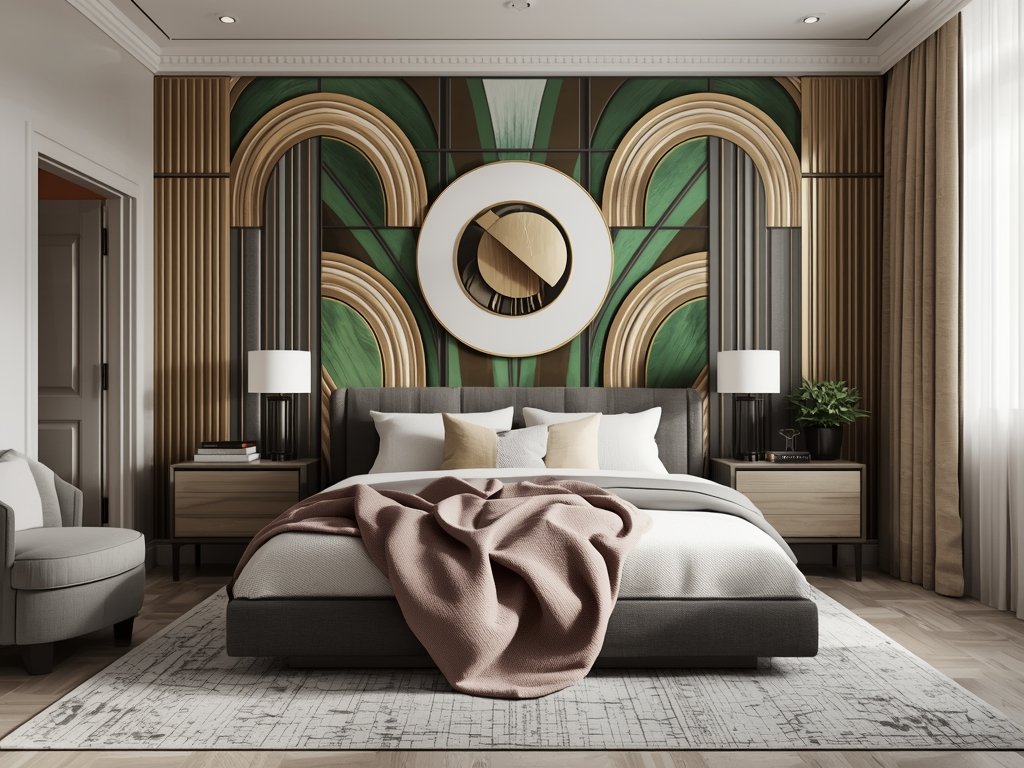 A Neo Deco bedroom with a statement wall