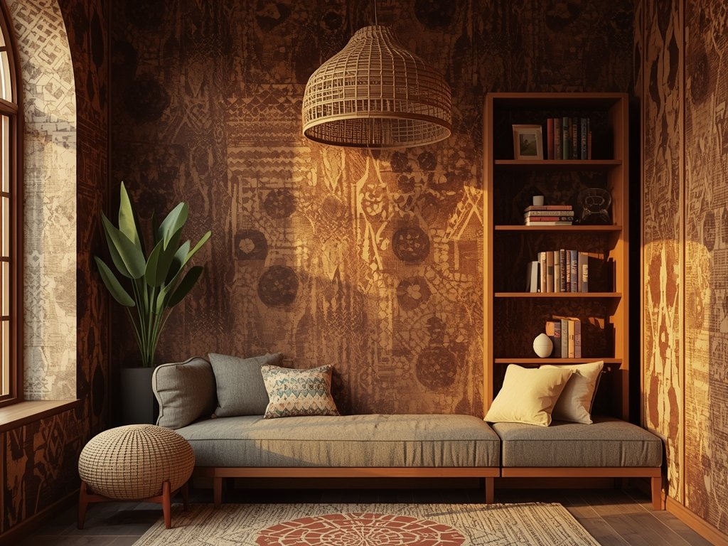 A reading nook featuring a statement wall with textured, earthy-toned wallpaper inspired by African motifs. A wooden bookshelf and a rattan pendant light add warmth. Golden hour lighting, Afrohemian style, cinematic composition, 8K, professional interior photography.