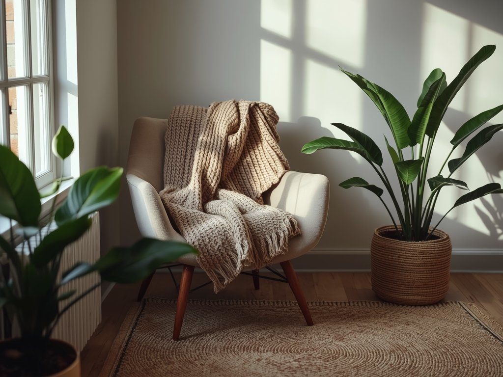 A reading nook with a plush armchair draped in a cozy knit throw blanket. A woven rug and potted plants add warmth. Warm natural light, Afrohemian decor, cinematic composition, 8K, professional interior photography.