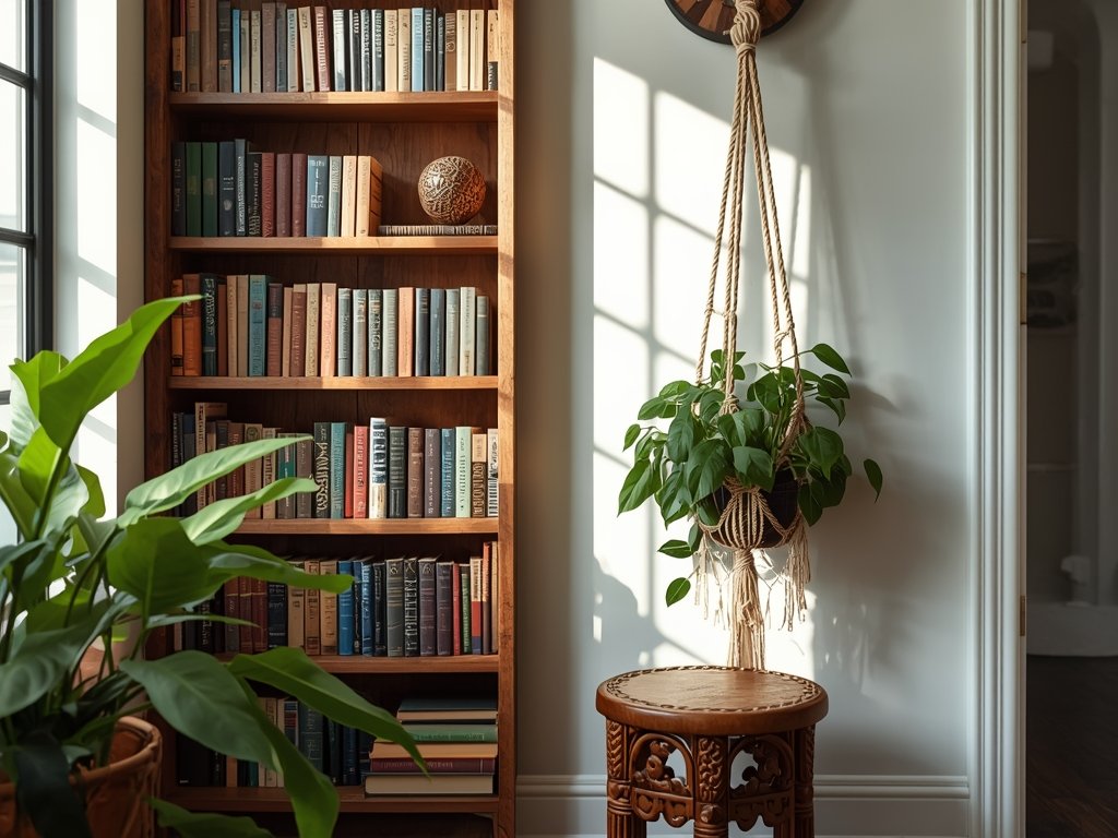 A reading nook with a reclaimed wood bookshelf and a carved wooden stool. A macramé plant hanger holds a cascading pothos. Warm natural light, Afrohemian decor, cinematic composition, 8K, professional interior photography.