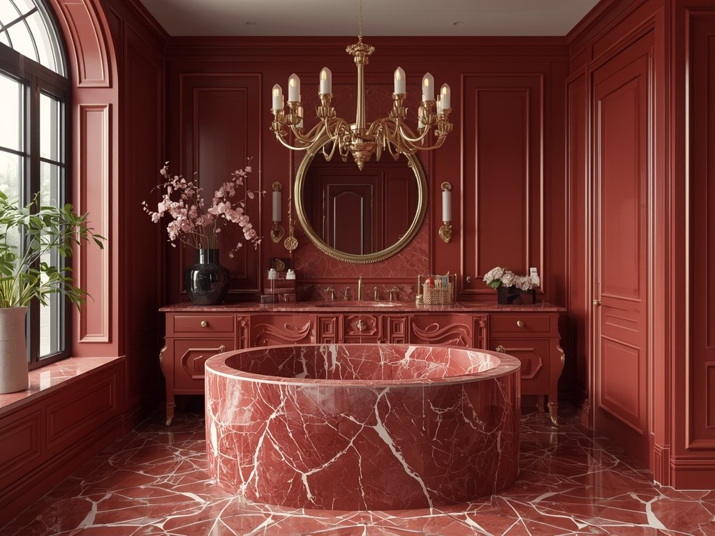 A red marble bathroom featuring a large round