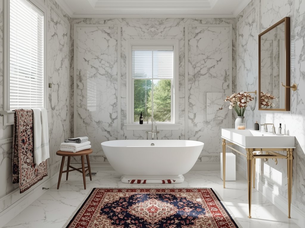 A red marble bathroom with a Persian-style rug