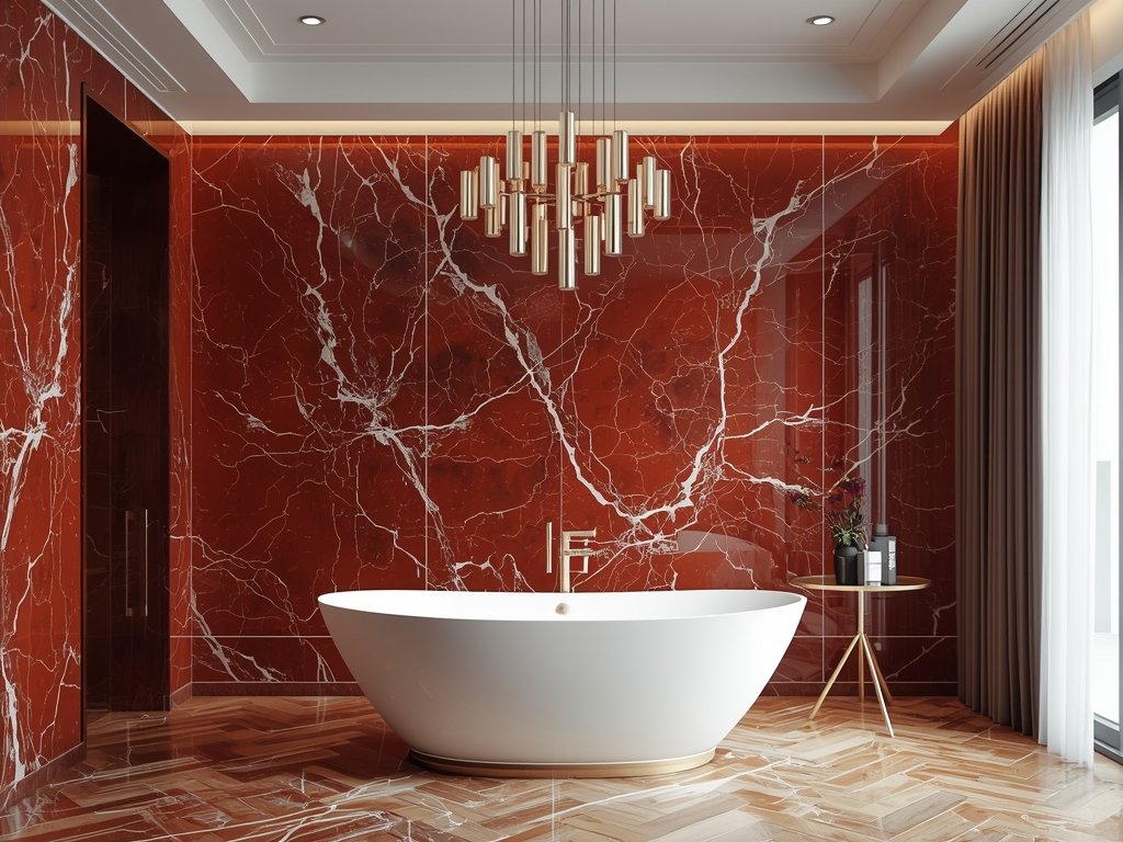A red marble bathroom with a modern chandelier