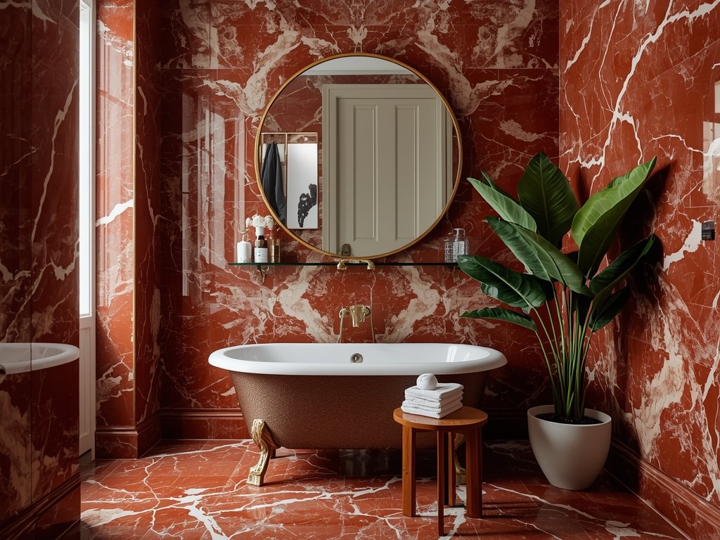 A red marble bathroom with a fiddle leaf
