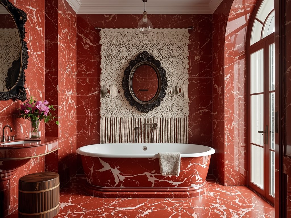 A red marble bathroom with a macramé wall