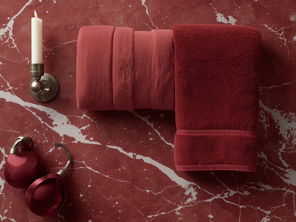A red marble bathroom with burgundy velvet towels,