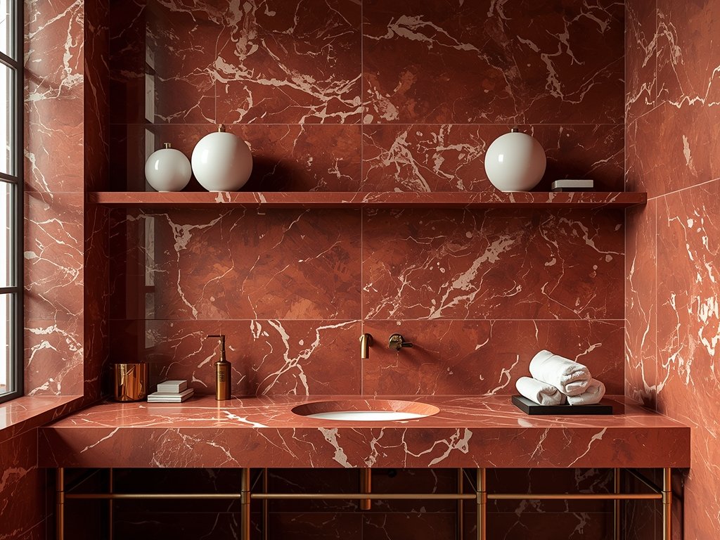 A red marble bathroom with open brass shelves