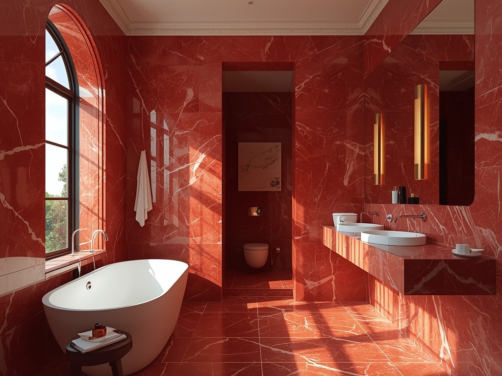 A red marble bathroom with warm natural light