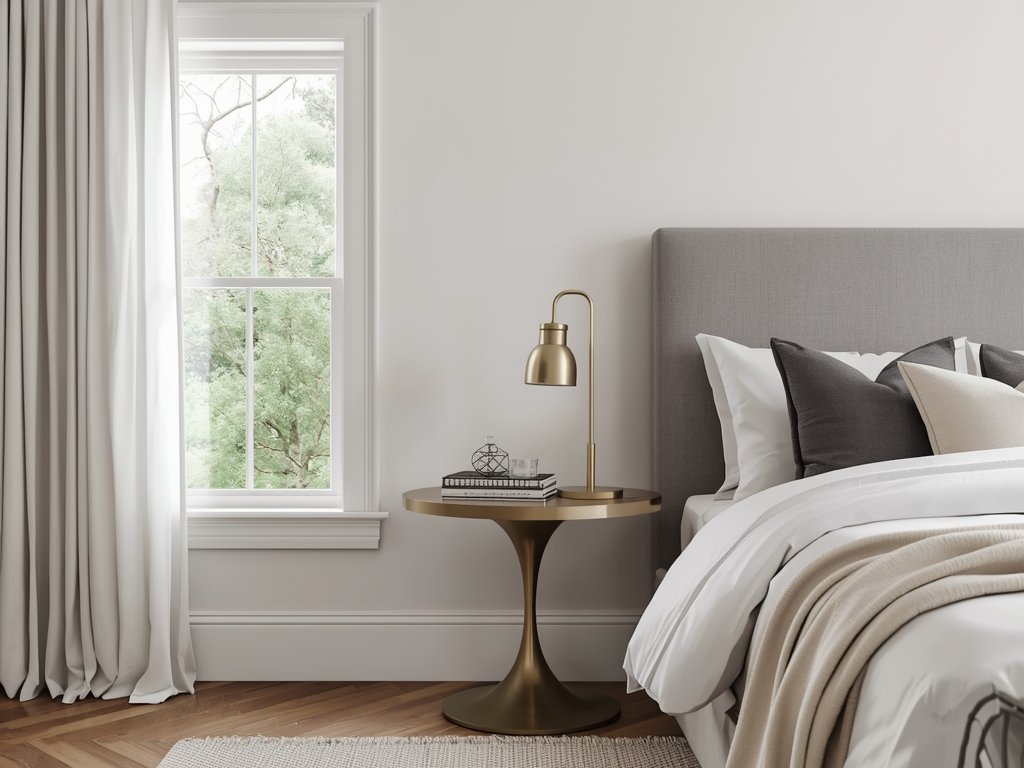 A serene bedroom with a brass side table