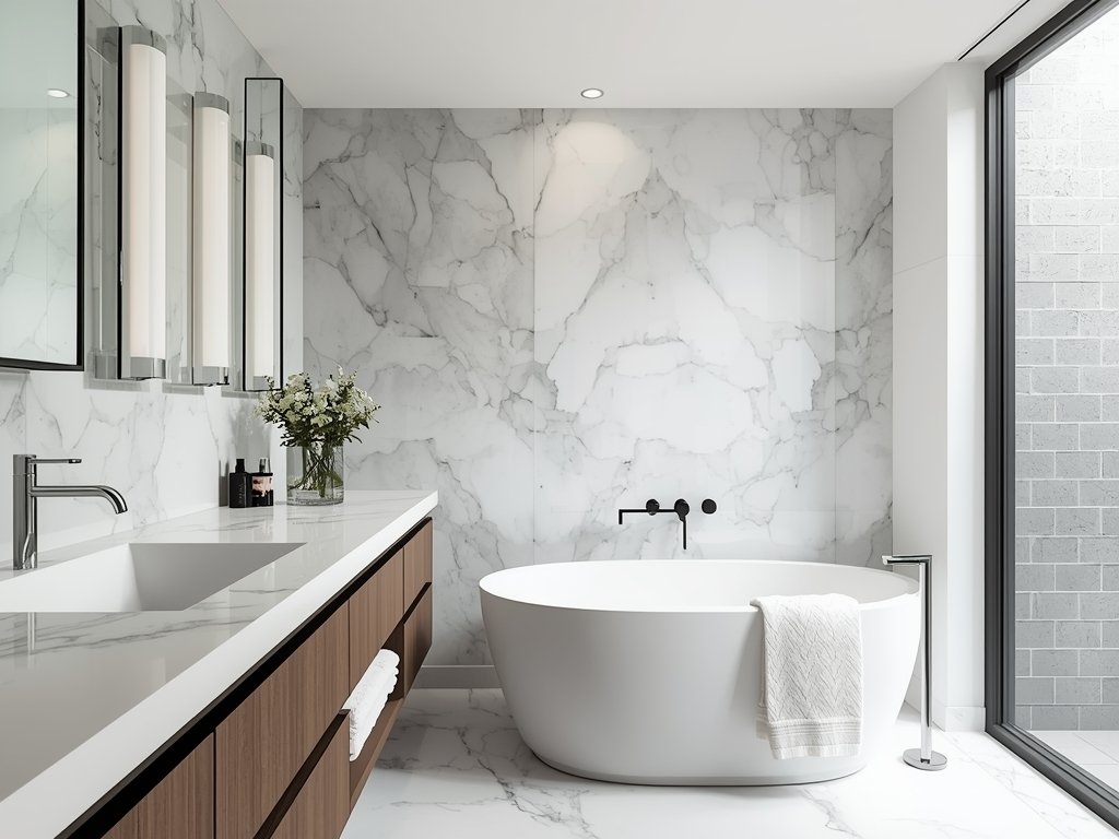 A sleek bathroom with a white marble backsplash