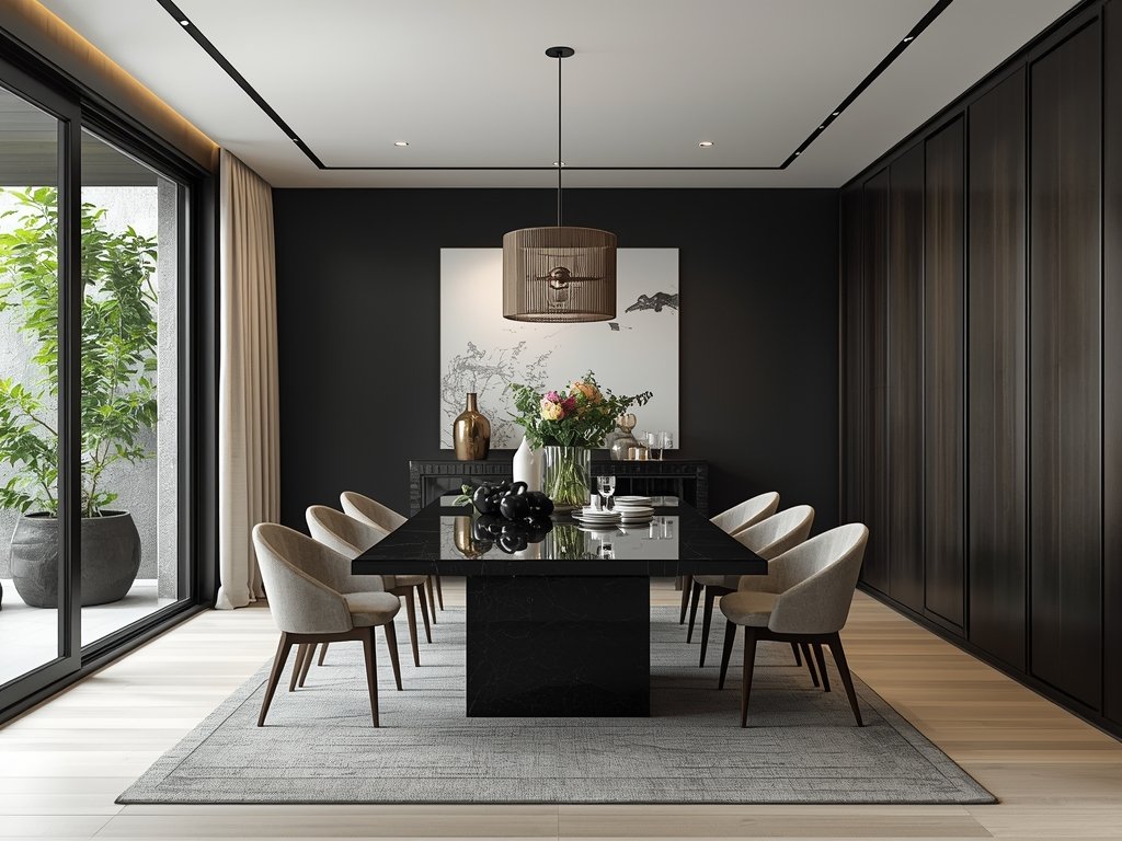 A sleek dining room with a black linear