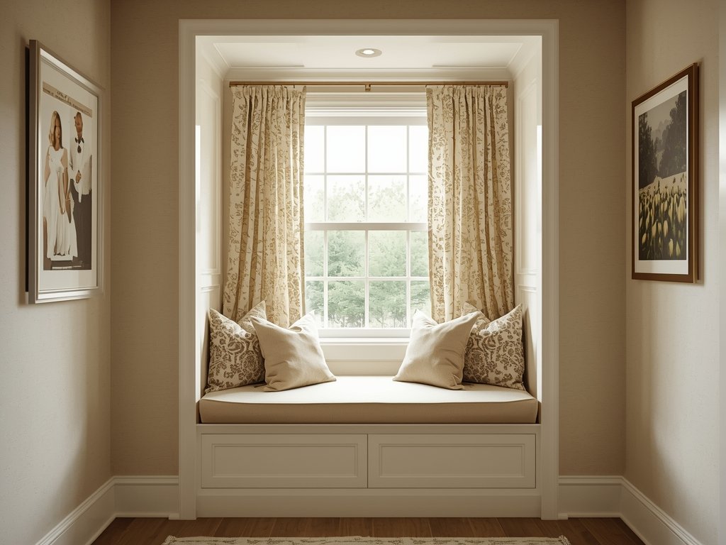 A small reading nook with a curtained alcove