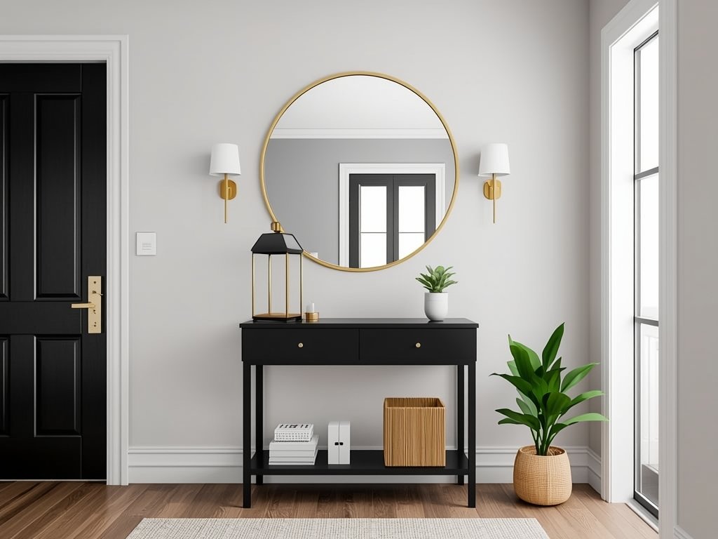 A stylish entryway with a large brass-framed mirror
