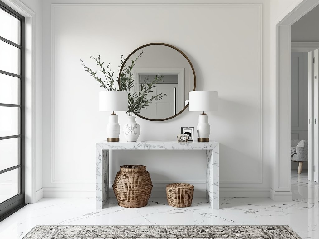 A stylish foyer with a white marble console