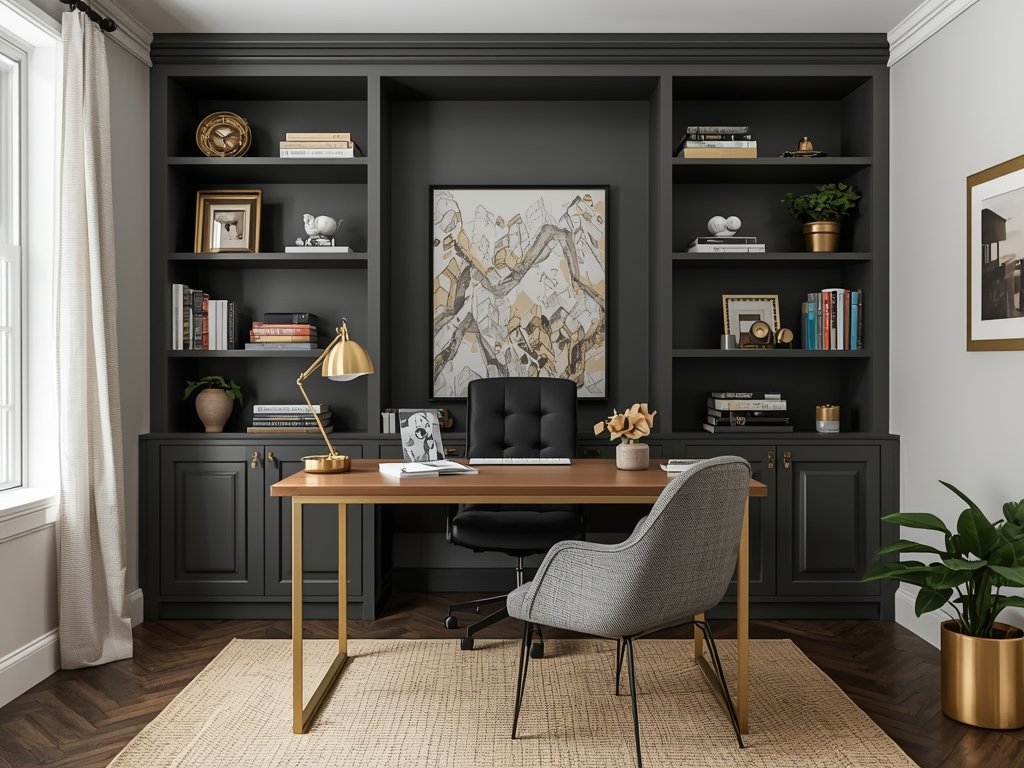 A stylish home office with brass open shelving