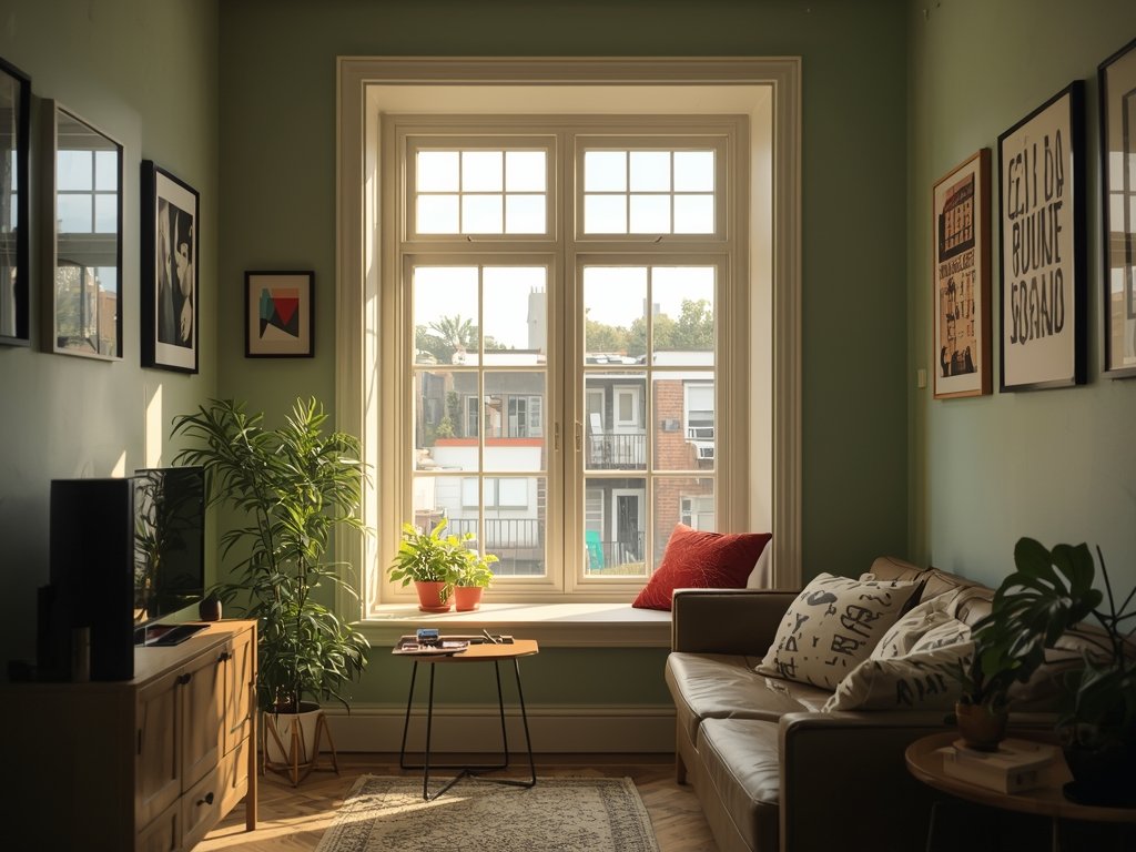 A sunlit window seat in a small apartment,