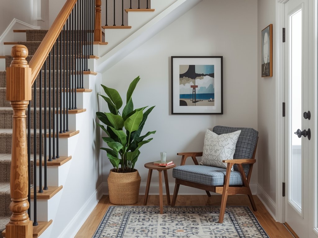A tucked-away reading nook under the stairs, featuring