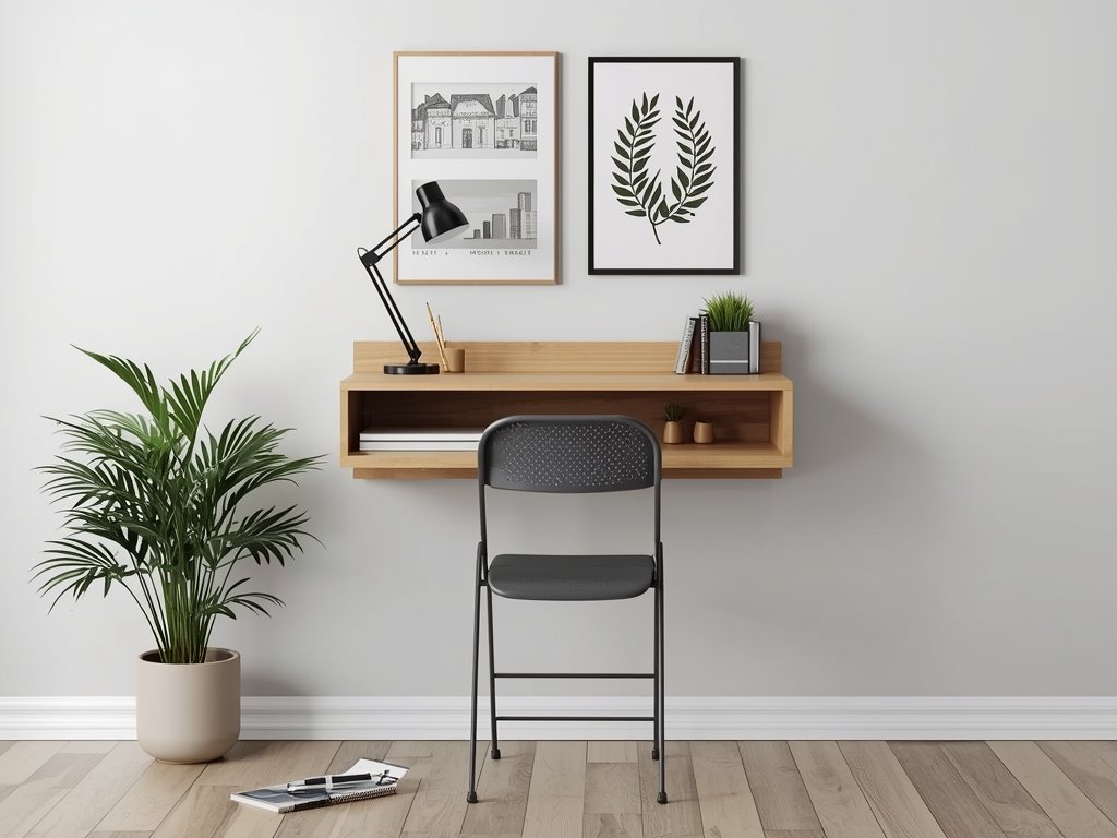 A wall-mounted desk with a foldable chair in